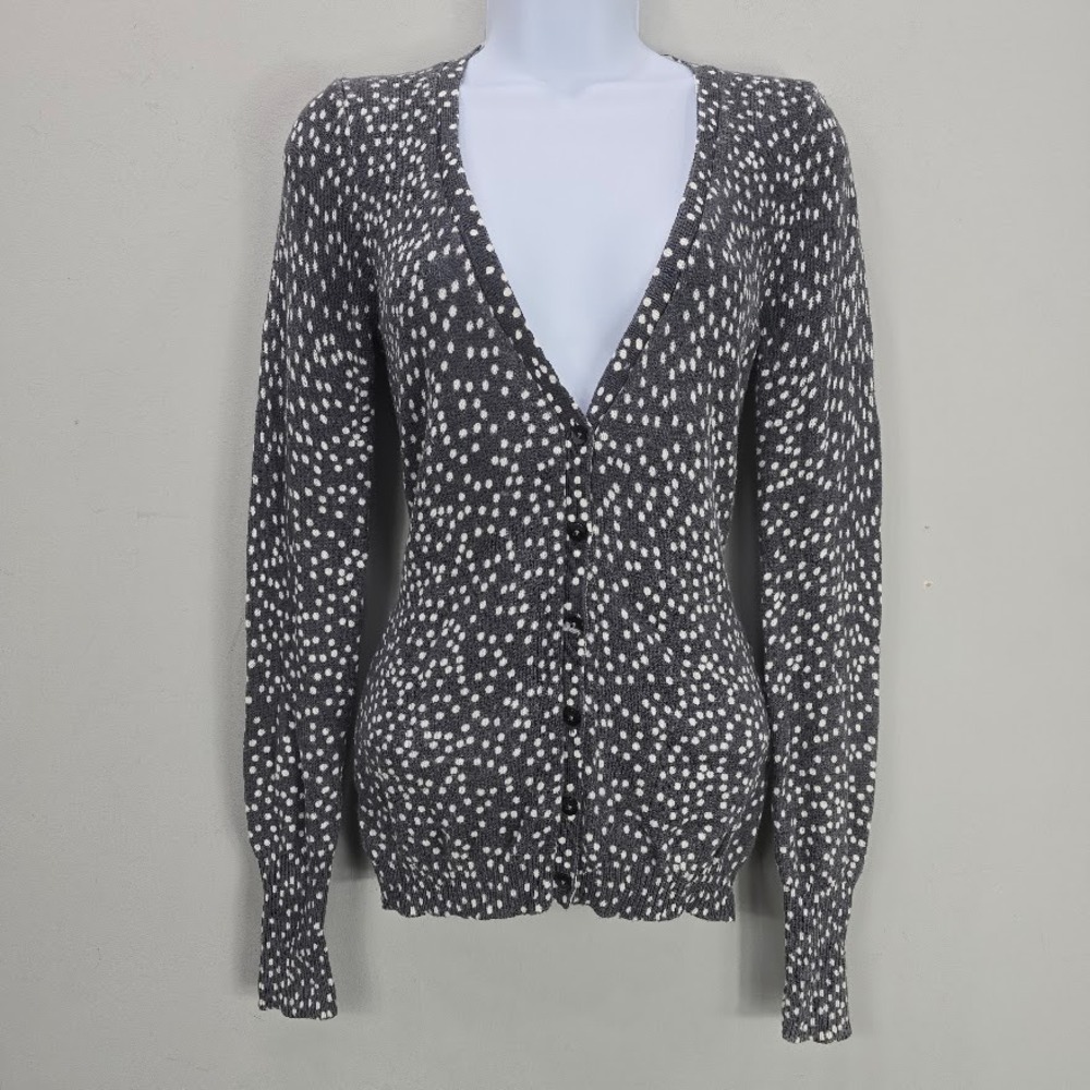 VTG Y2K Old Navy Womens Cardigan Sweater Top Gray Polka-Dot Deep V Neck‎ Preppy